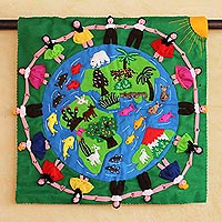 Applique wall hanging, 'Our World' - Cotton Folk Art Wall Hanging