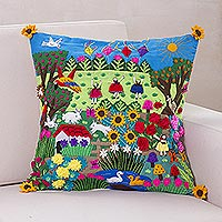 Applique cushion cover, 'Spring Fun' - Fair Trade Folk Art Patterned Applique Cushion Cover
