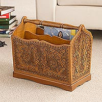 Wood and leather magazine rack, Colonial Iquilla Flower