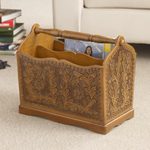 Mohena wood and leather magazine rack, 'Colonial Iquilla Flower' - Floral Leather Wood Hand Tooled Magazine Rack