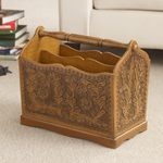 Mohena wood and leather magazine rack, 'Colonial Iquilla Flower' - Floral Leather Wood Hand Tooled Magazine Rack