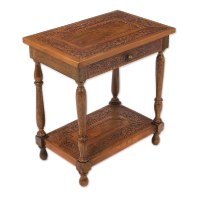 Tisch aus Holz und Leder Mohena, 'Andine Eleganz'. - Traditioneller Endtisch aus Leder und Holz
