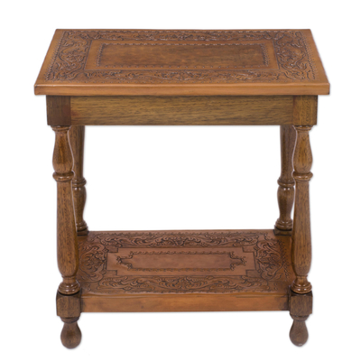 Wood and leather table, 'Andean Elegance' - Traditional Leather Wood End Table