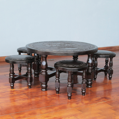Cedar and leather table and stools (set of 4), Inca Legend