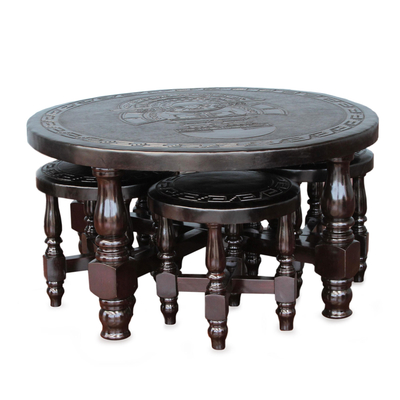 Cedar and leather table and stools (set of 4), 'Inca Legend' - Fine Leather Coffee Table and Hand Tooled Stools (Set of 4)