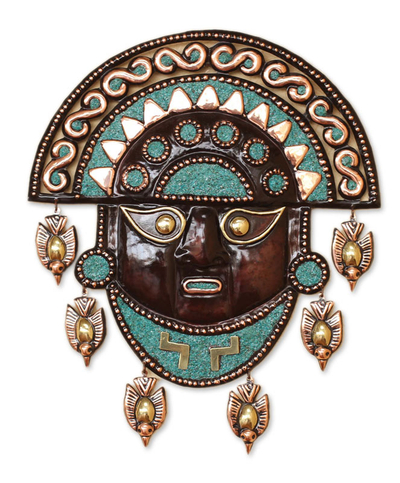 Bronze and copper mask, 'Mighty Moche' - Handcrafted Archaeological Copper Bronze Tumi Mask