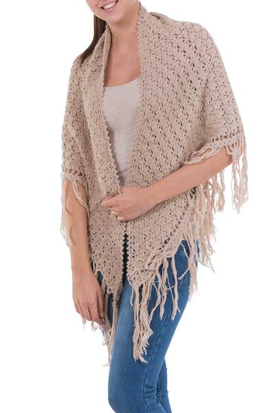 100% alpaca shawl, 'Colonial Beige' - Collectible Alpaca Wool Artisan Crochet Shawl