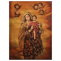 'Virgin of Mount Carmel with the Child' - Oil and Bronze Leaf on Canvas Religious Art