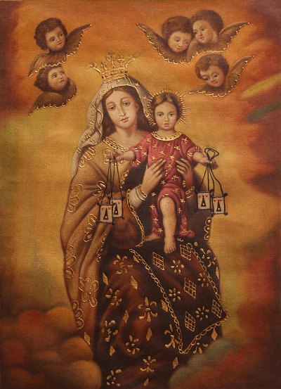 'Virgin of Mount Carmel with the Child' - Oil and Bronze Leaf on Canvas Religious Art