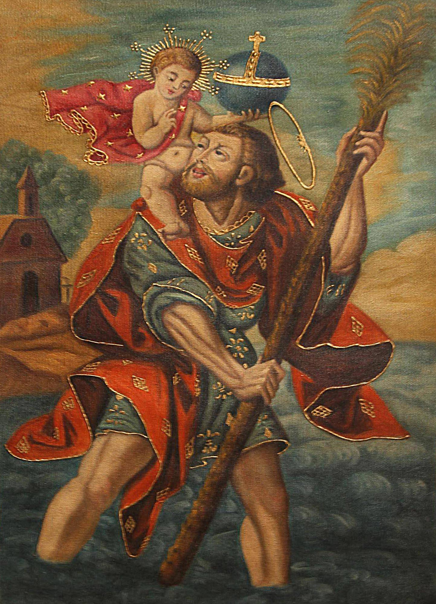 Oil and Bronze Leaf on Canvas Religious Art Saint Christopher NOVICA
