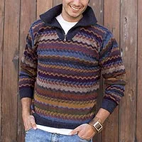 Men's 100% alpaca sweater, 'Mountain Life' - Men's 100% Alpaca Wool Striped Zip Collar Pullover Sweater