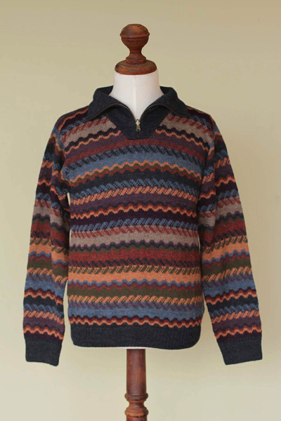 Men's 100% alpaca sweater, 'Mountain Life' - Men's 100% Alpaca Wool Striped Zip Collar Pullover Sweater