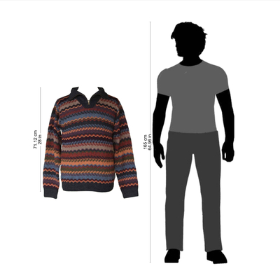 Men's 100% alpaca sweater, 'Mountain Life' - Men's 100% Alpaca Wool Striped Zip Collar Pullover Sweater