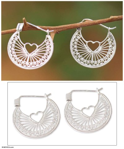 Sterling silver heart filigree earrings, 'Loving Energy' - Handcrafted Heart Shaped Sterling Silver Hoop Earrings
