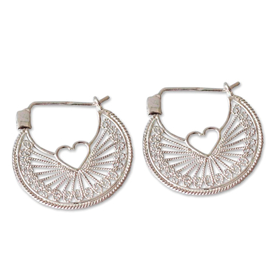 Sterling silver heart filigree earrings, 'Loving Energy' - Handcrafted Heart Shaped Sterling Silver Hoop Earrings