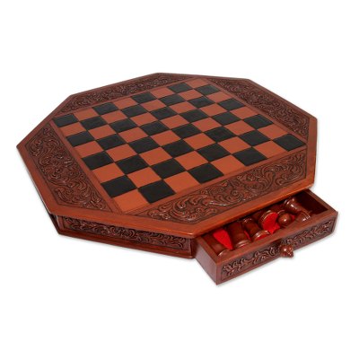 Mohena wood and leather chess set, 'Colonial Octagon' - Artisan Crafted Peruvian Wood Leather Chess Set