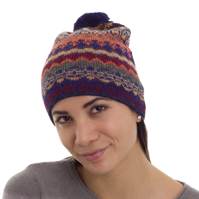 100% alpaca hat, 'Indigo Winter' - Handcrafted 100% Alpaca Wool Patterned Hat