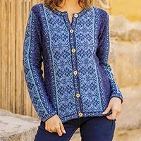 suéter 100% alpaca, 'Blue Andean Poinsettia' - Cárdigan de punto de lana de alpaca floral hecho a mano