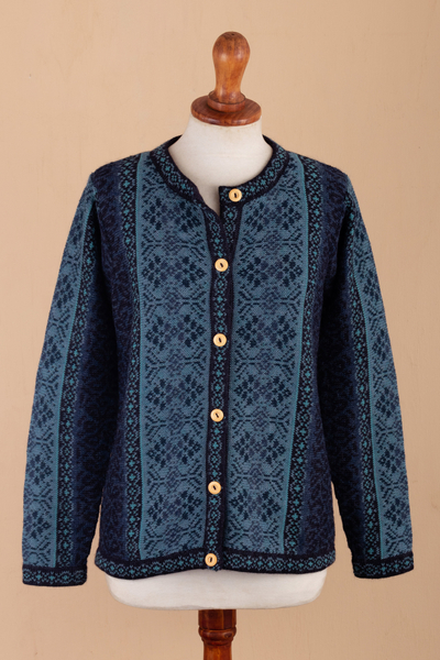 pullover aus 100 % Alpaka - Handgefertigter Kunststrick-Cardigan aus Alpakawolle mit Blumenmuster
