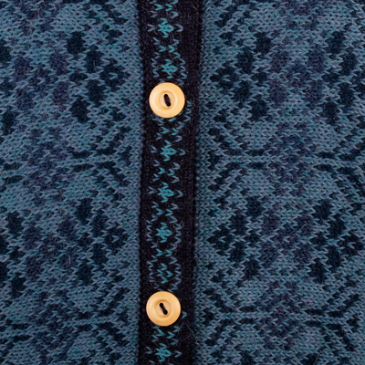 100% alpaca sweater, 'Blue Andean Poinsettia' - Handcrafted Floral Alpaca Wool Art Knit Cardigan