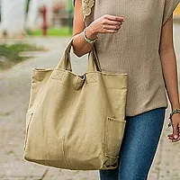 Cotton tote bag, 'Voyages in Beige'