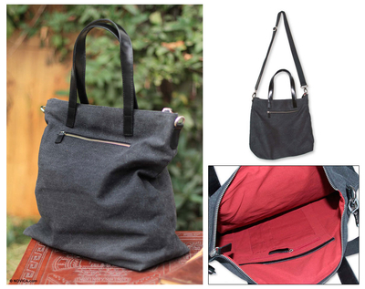 Cotton shoulder bag, 'Journey of Black' - Cotton and Leather Accent Shoulder Bag from Peru