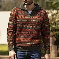 Suéter 100% alpaca para hombre, 'Mountain Sunset' - Suéter tipo jersey de punto con arte de alpaca de comercio justo para hombre