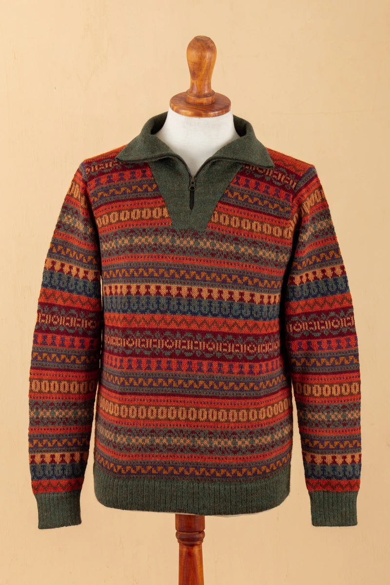 Men's Fair Trade Alpaca Art Knit Pullover Sweater Mountain