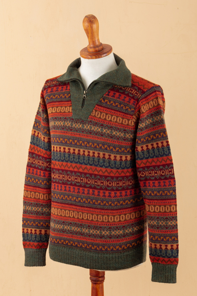 Men's 100% alpaca sweater, 'Mountain Sunset' - Men's Fair Trade Alpaca Art Knit Pullover Sweater