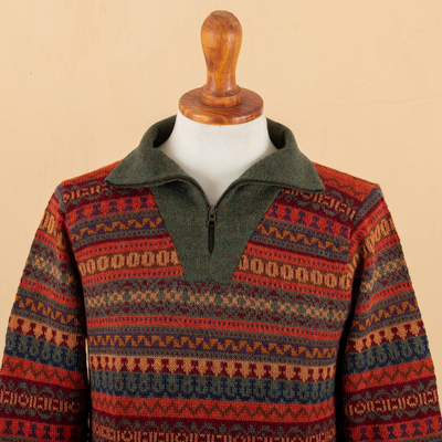 Men's 100% alpaca sweater, 'Mountain Sunset' - Men's Fair Trade Alpaca Art Knit Pullover Sweater