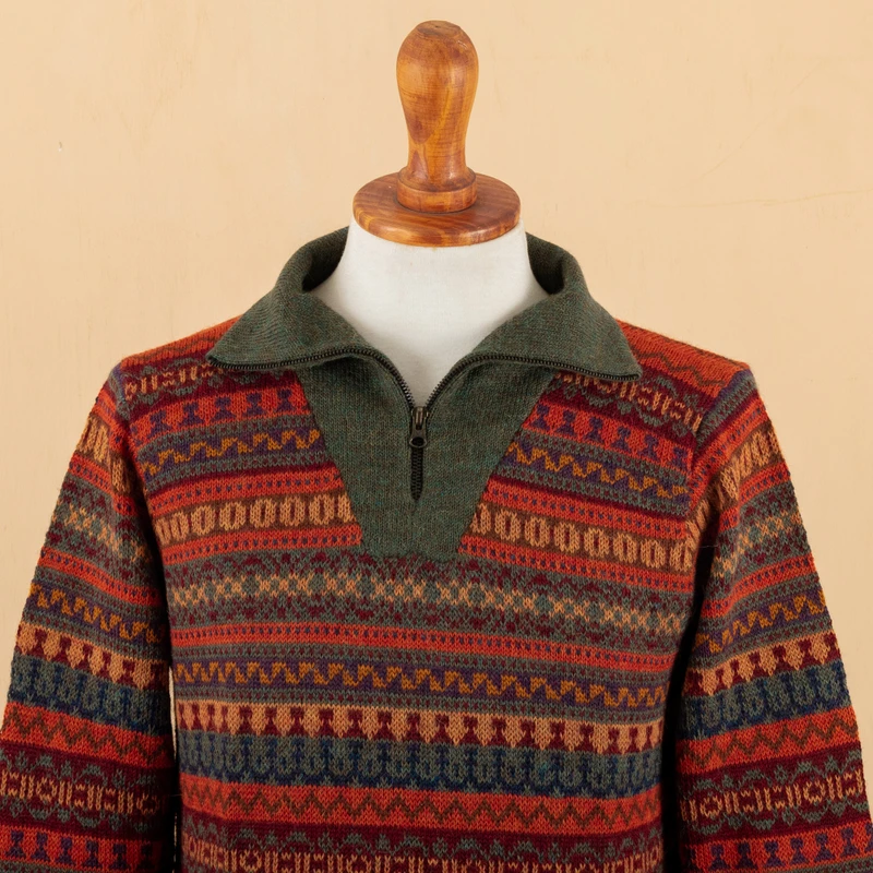 Men's Fair Trade Alpaca Art Knit Pullover Sweater - Mountain