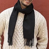 Men's 100% alpaca scarf, 'Evening Black' - Handcrafted Men's Black Alpaca Scarf