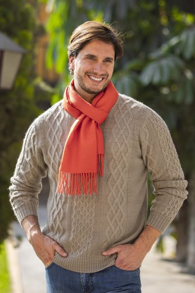 Men's 100% alpaca scarf, 'Sunset Orange' - Hand Crafted 100% Alpaca Wool Orange Scarf for Men from Peru