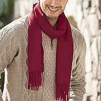 Men's 100% alpaca scarf, 'Cherry Red' - Men's Handcrafted Alpaca Scarf