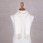 Men's 100% alpaca scarf, 'Frothy White' - Unique Alpaca Wool Solid Scarf