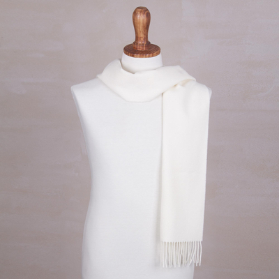 Men's 100% alpaca scarf, 'Frothy White' - Unique Alpaca Wool Solid Scarf