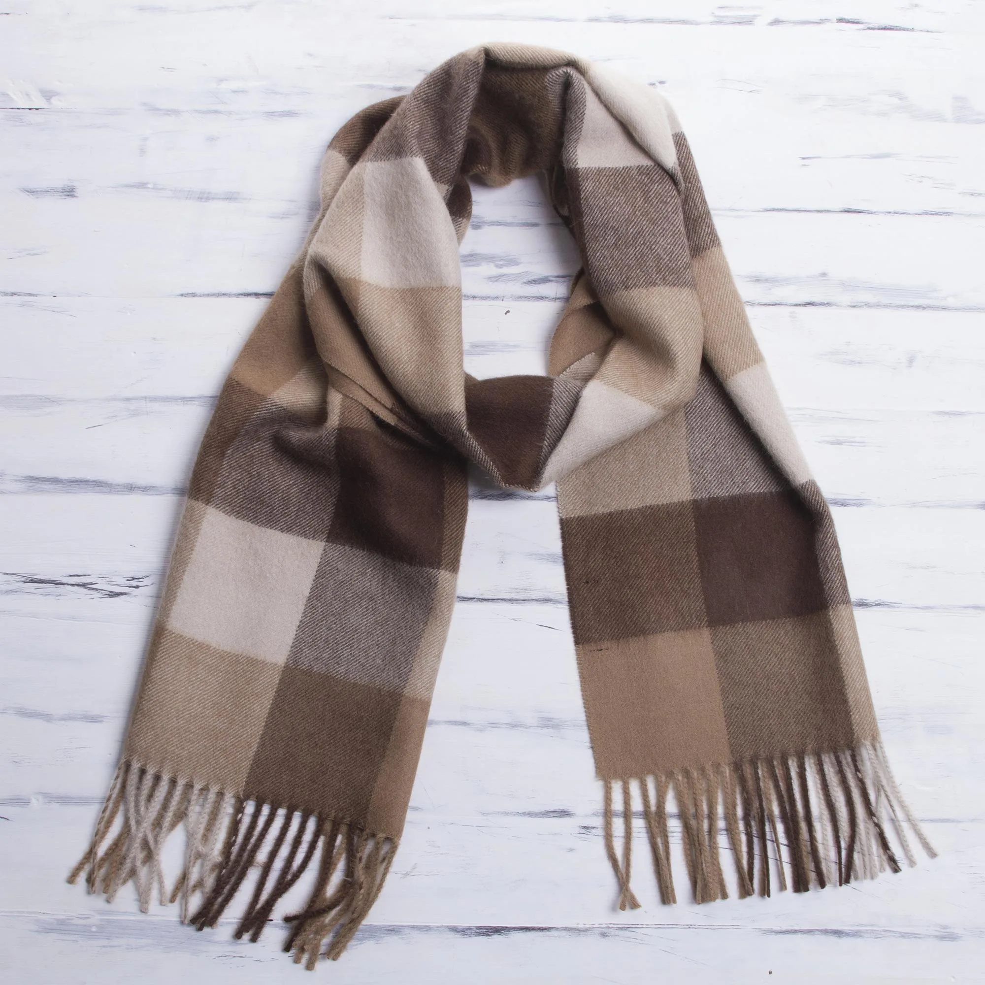 Unique Alpaca Wool Patterned Scarf Brown Squared NOVICA