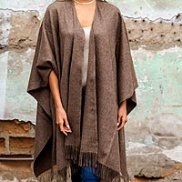 Alpaca Wool Solid Wrap Ruana from Peru,'Lush Dark Brown'