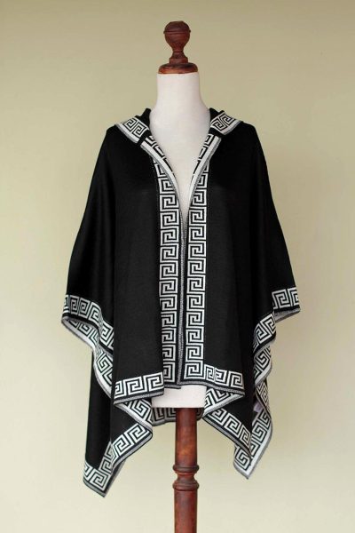 100% alpaca hooded ruana, 'Inca Black' - Handcrafted Alpaca Wool Patterned Shawl