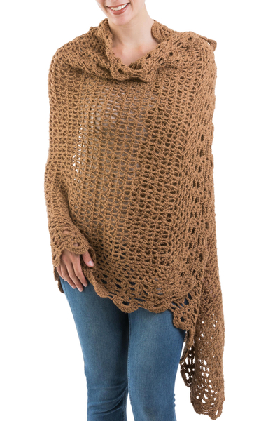 Unique Alpaca Wool Crocheted Brown Shawl - Brown Horizon | NOVICA