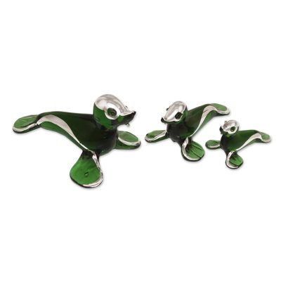 Blown glass silver leaf figurines, 'Playful Green Seals' (set of 3) - Handblown Glass Sculptures (Set of 3)