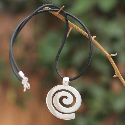 Sterling silver and leather pendant necklace, 'Inward Path' - Handcrafted Sterling Silver and Leather Pendant Necklace