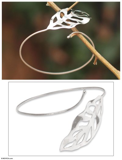 Silver cuff bracelet, 'Leaf of Life' - Silver cuff bracelet
