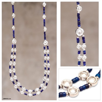 Lapis lazuli beaded necklace, 'Andean Legend' - Unique Sterling Silver Beaded Lapis Lazuli Necklace