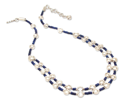 Lapis lazuli beaded necklace, 'Andean Legend' - Unique Sterling Silver Beaded Lapis Lazuli Necklace