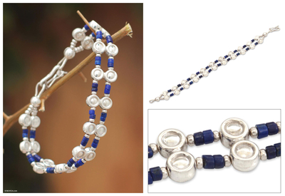 Lapis lazuli wristband bracelet, 'Andean Legend' - Handcrafted Sterling Silver and Lapis Lazuli Bracelet