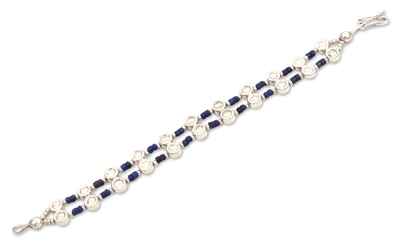 Lapis lazuli wristband bracelet, 'Andean Legend' - Handcrafted Sterling Silver and Lapis Lazuli Bracelet