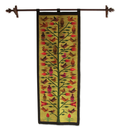 Wool tapestry, 'Tree of Life' - Tapestry Handcrafted Birds Wall Hanging