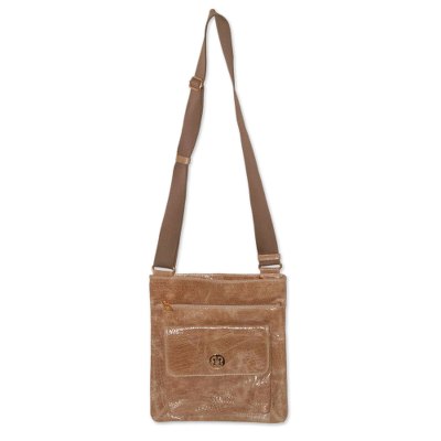 Leather shoulder bag, 'Huacachina Traveler' - Glossy Beige Leather Shoulder Bag