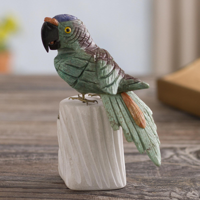 Gemstone sculpture, 'Aqua Macaw' - Handcrafted Gemstone Bird Sculpture from Peru